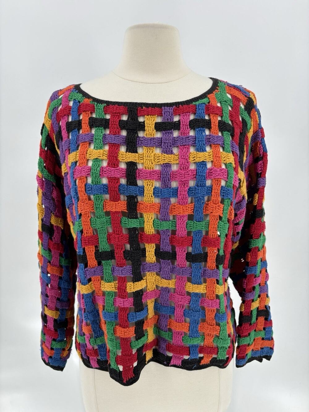 Vintage Malain Sweater Womens Medium Rainbow Basket Weave Crochet 90s Pullover